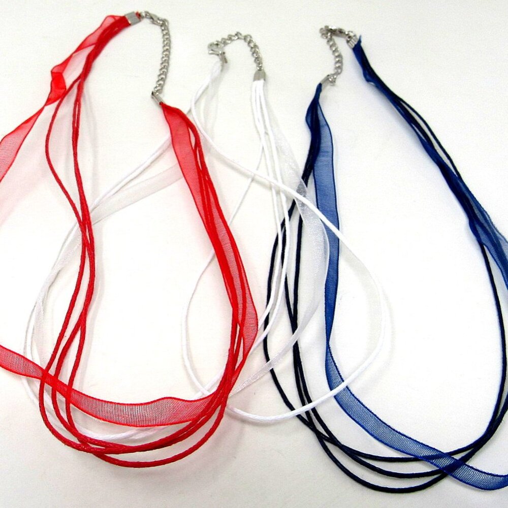 3 Ribbon Necklaces USA Patriotic Colors Choker Organza 3 Cords Adjusts 18-20in